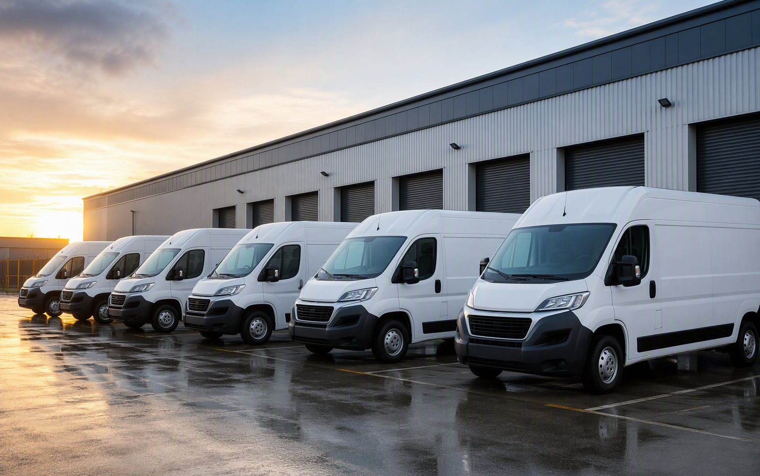 Row of fleet vans at a UK distribution depot at sunrise